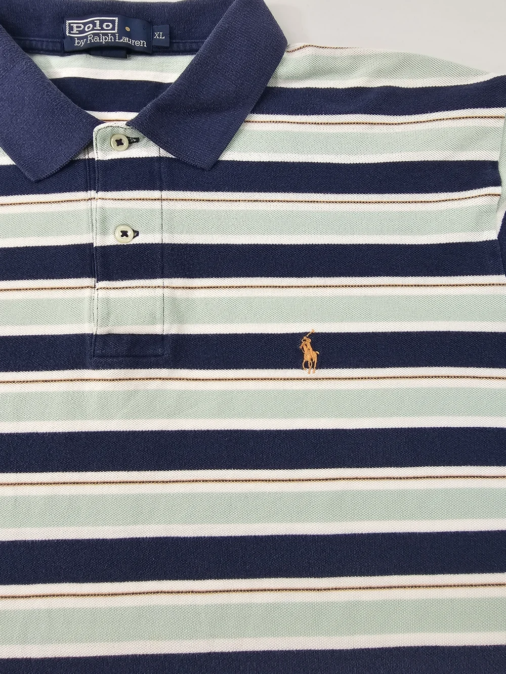 Vintage Polo Ralph Lauren Orange Pony Men XL Blue Teal Navy Striped Ribbed Shirt